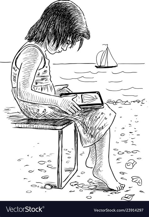 A sketch of little girl sitting on the beach Vector Image