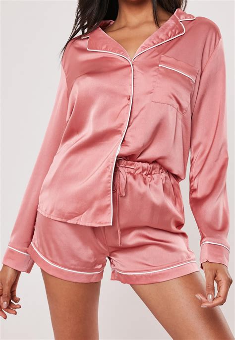 Pink Satin Contrast Piping Pyjama Shorts | Missguided | Sleepwear women ...