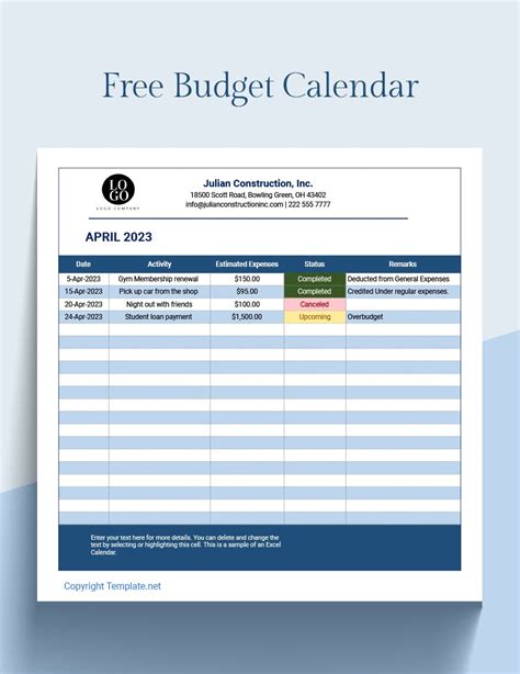 Budget Calendar Template Google Sheets - Dale Mignon