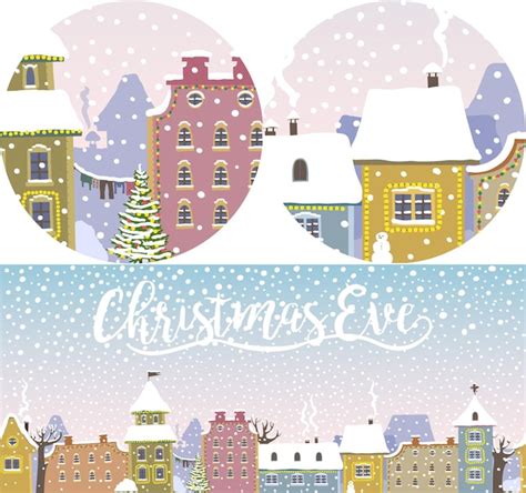 Premium Vector | Christmas old town with falling snow, decorated with garlands and the inscription