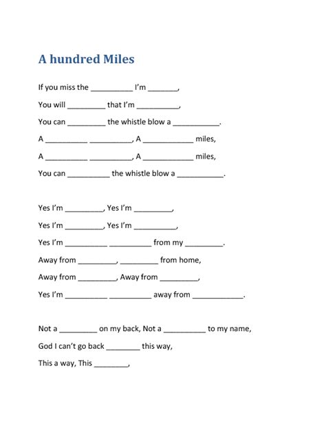 Song Worksheet: A Hundred Miles