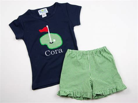 Little Girls Golf Outfit Personalized with Green Gingham Ruffle Shorts