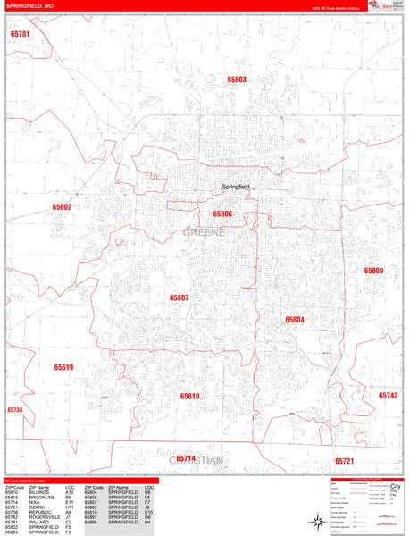 Springfield Missouri Zip Code Wall Map (Red Line Style) by MarketMAPS - MapSales