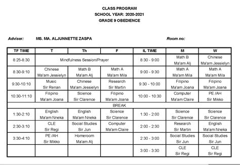 50 High School Class Schedule Sample Ufreeonline Template - Bank2home.com