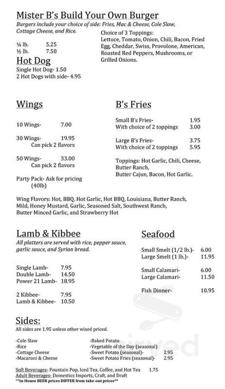 Mister B's menu in New Castle, Pennsylvania, USA