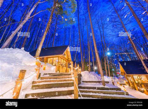 Furano, Hokkaido, Japan winter cabins at twilight Stock Photo - Alamy