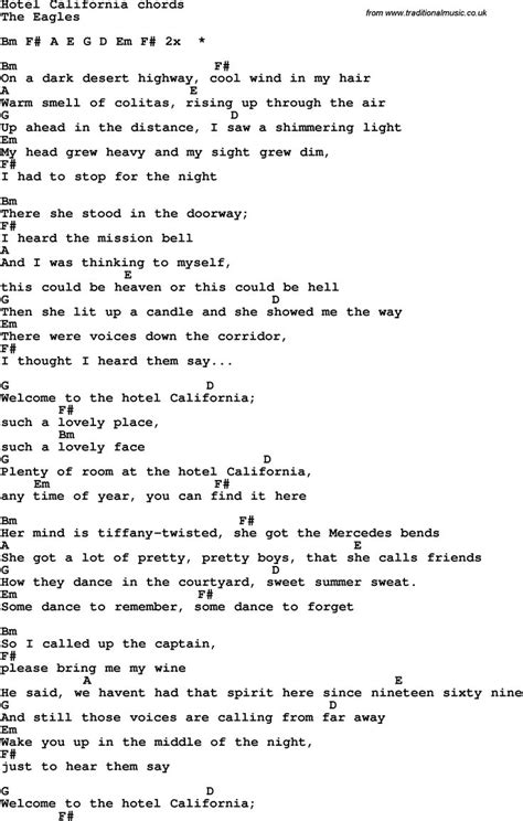 Song Lyrics with guitar chords for Hotel California | Learn Guitar in ...