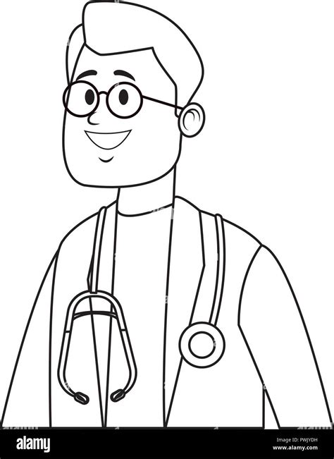 Male doctor with stethoscope cartoon in black and white vector ...