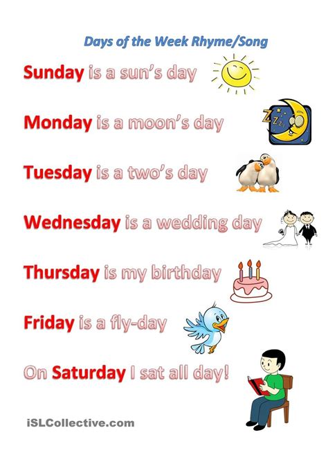 Days of the week rhyme/song | English poems for kids, Classroom songs ...