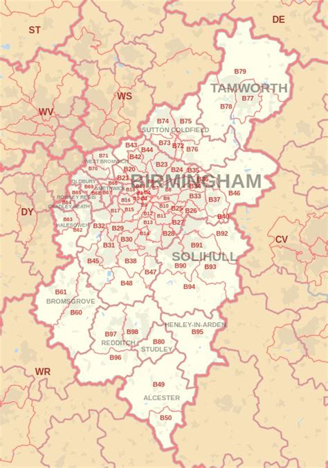 B postcode area map, showing postcode districts, post towns and neighbouring postcode areas.