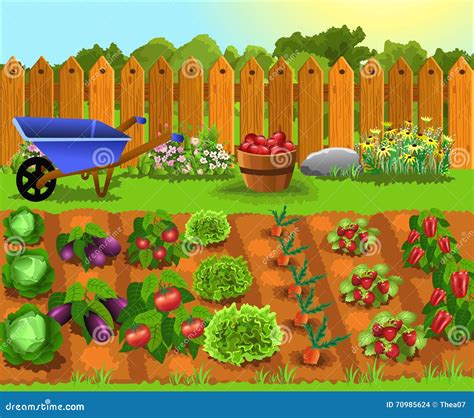 Cartoon Garden With Fruits And Vegetables Vector Illustration ...