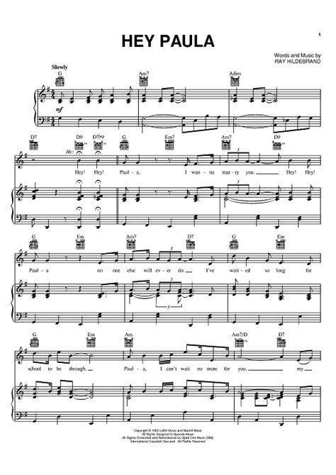 Hey Paula" Sheet Music by Paul & Paula for Piano/Vocal/Chords - Sheet Music Now