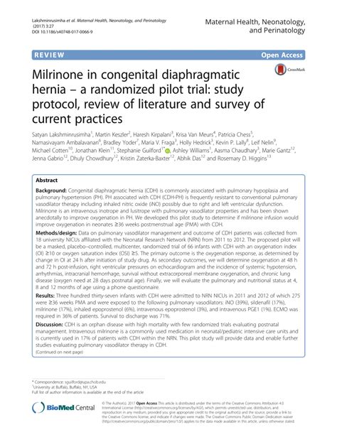 (PDF) Milrinone in congenital diaphragmatic hernia – a randomized pilot ...