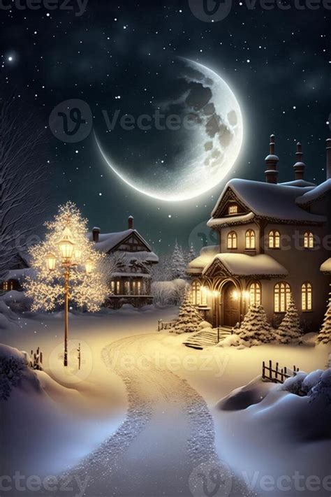 snowy night scene with a house and a full moon. generative ai. 23860170 Stock Photo at Vecteezy