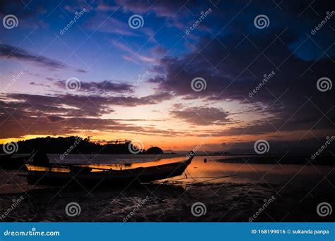 Beautiful Sky and Sunset on the Beach with Fishing Boat Silhouette Stock Photo - Image of ...