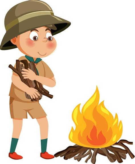 Cute boy scout cartoon character campfire 12054354 Vector Art at Vecteezy