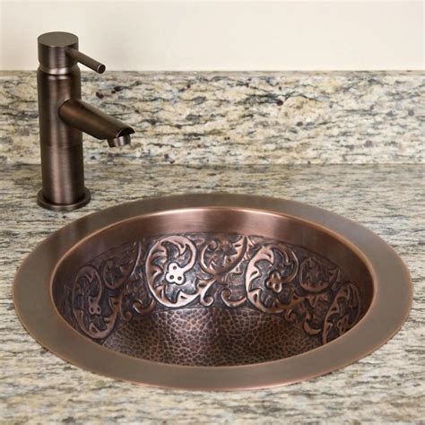 15" Scroll Hammered Copper Sink - Undermount Bathroom Sinks - Bathroom Sinks - Sinks