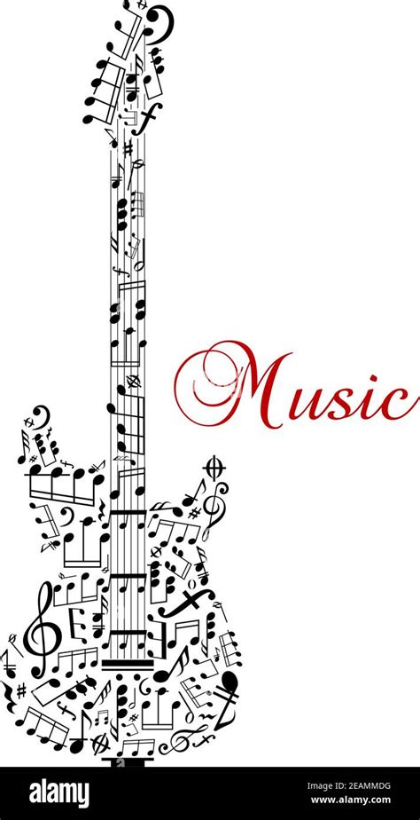 Guitar silhouette with musical notes and word - Music - for any art design. Isolated on white ...