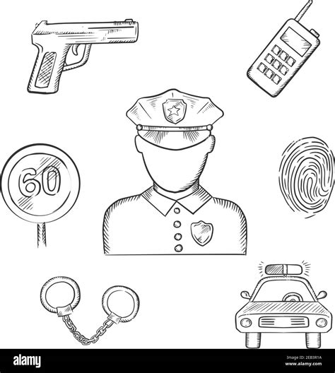 Policeman profession icons with officer in uniform surrounded by police ...