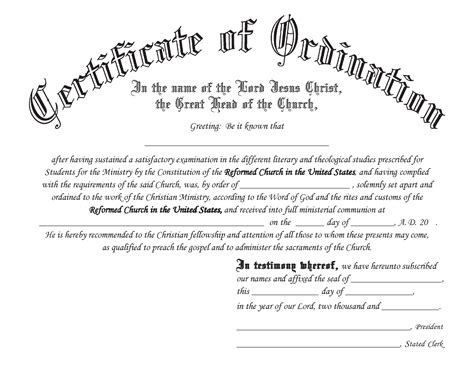 Printable Pastor Ordination Certificate Template