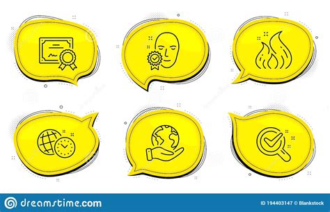 Time Management, Chemistry Lab And Face Verified Icons Set. Fire Energy Sign. Vector ...