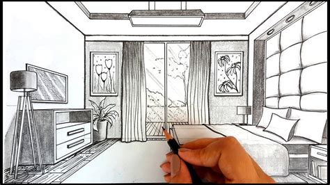 One Point Perspective Drawing Of A Bedroom