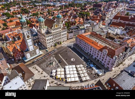 Augsburg - aerial view to Town Hall Square, Perlach Tower and historic ...