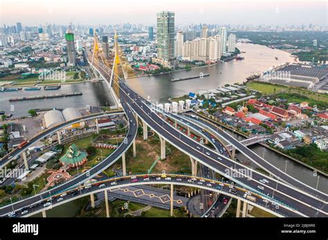 Aerial view of Bhumibol Bridge in Samut Prakan, Bangkok, Thailand Stock ...