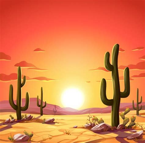 Vector illustration of a desert landscape with Saguaro cactus at... | Desert sunset painting ...