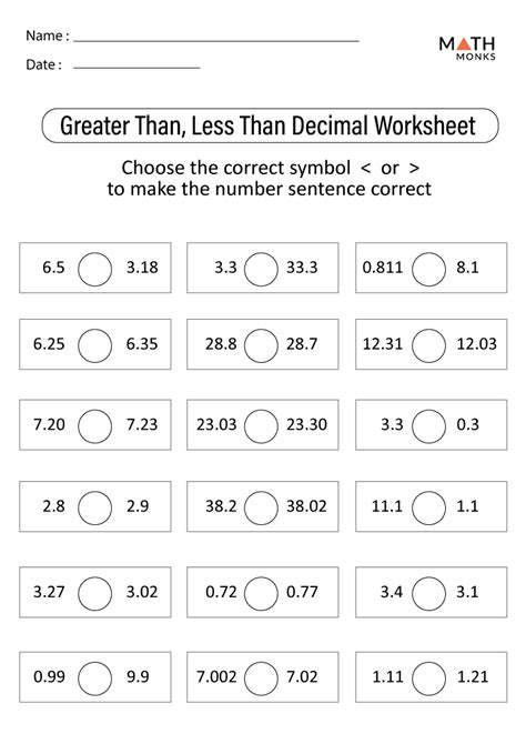 Decimals Less Than Greater Than