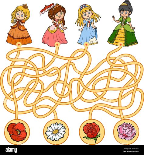 Maze game, education game for children. Little princess and flowers ...