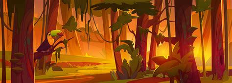 Cartoon Tropical Forest With Toucan On Tree Stock Illustration - Download Image Now - Gold ...