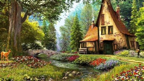 FOREST COTTAGE WALLPAPER hd wallpaper | Cottage art, Dream cottage ...