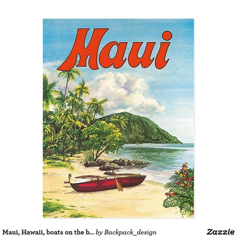 a vintage hawaii travel poster with two canoes on the beach and an island in the background