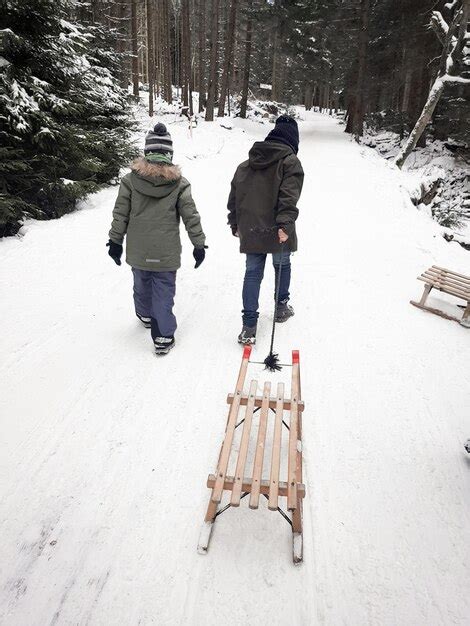 Premium Photo | Rear view of boys pulling sled on snow covered landscape