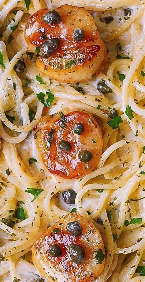 Creamy Pasta with Scallops in White Wine Butter Garlic Sauce with Capers | Scallop recipes ...