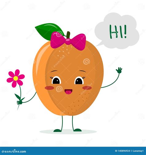 Cute Ripe Apricot Cartoon Character with a Pink Bow Holding a Flower and Welcomes. Logo ...