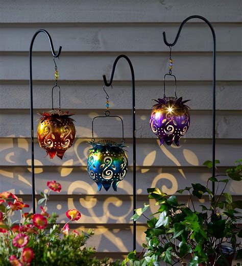 Colorful Hanging Metal Solar Flower Lanterns, Set of 3 | Wind and Weather