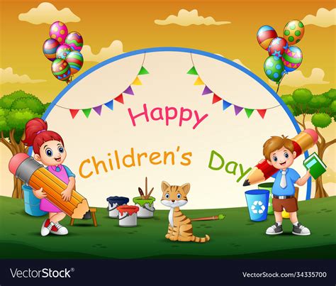 Happy children day poster with school kids Vector Image