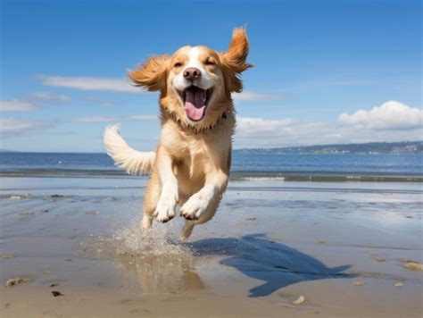 Premium AI Image | Happy dog playing on the beach