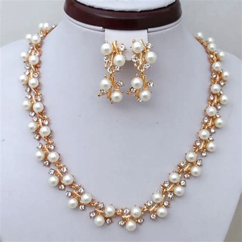 Gold Color Pretty Fuax Pearl And Diamante Crystals Necklace Earrings Jewelry Set For Wedding ...