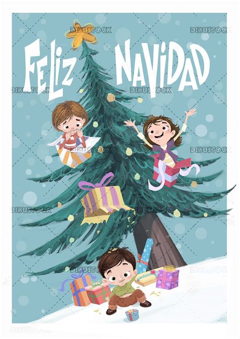 Funny Christmas card with children, gifts and Christmas tree ...