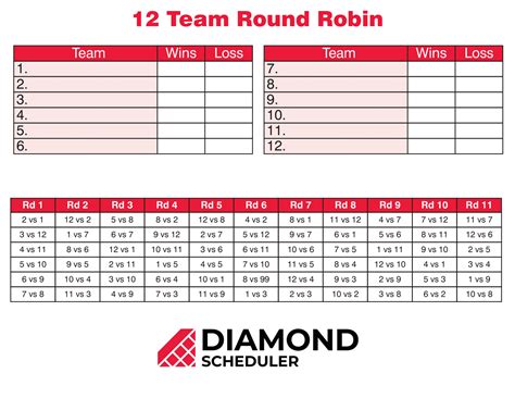 12-Team Round Robin Tournament Printable | Diamond Scheduler