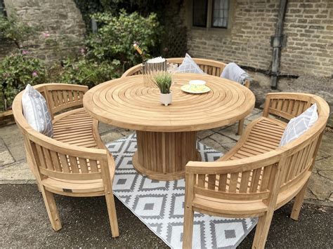 Teak Garden Furniture Round Table 150cm with 3 Bowood Benches