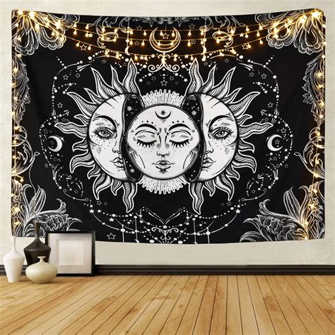 Amazon.com: Sun and Moon Tapestry Black and White Burning Sun with Stars Tapestry Psychedelic ...