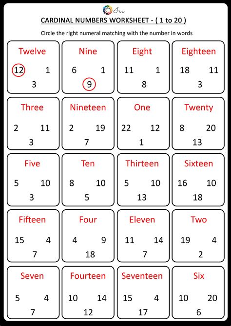 Cardinal Numbers Worksheet (1 to 20): Downloadable / printable cardinal numbers worksheet for ...