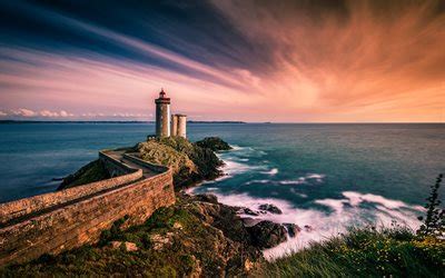 Download wallpapers Petit Minou Lighthouse, evening, sunset, seascape, lighthouse, Atlantic ...