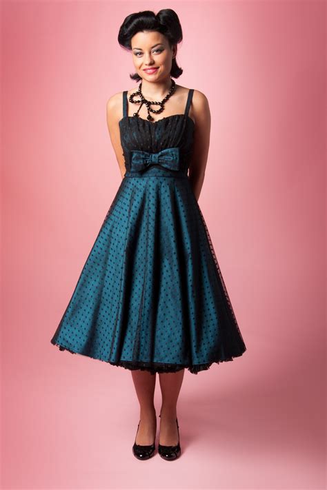 1940s Starlight Teal Black Lace Dot swing dress