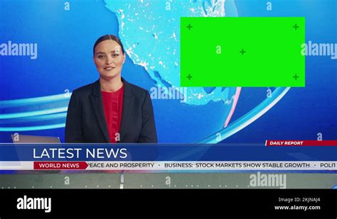 News Studio Female Anchor Talking Green Screen Placeholder Stock Video ...