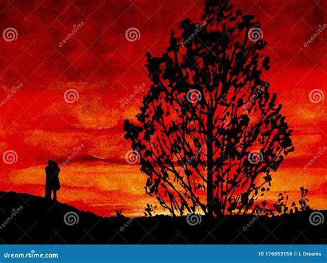 Lovers Red Sky Sunset Silhouette Painting Stock Illustration ...